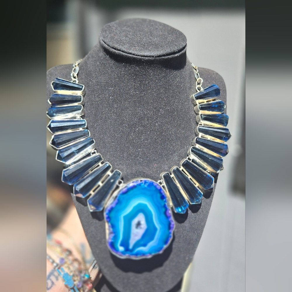 HOST PICK 🎉🎊Blue Topaz & Agate Crystal Collar & Earring Sterling Sz22" - Picture 6 of 17